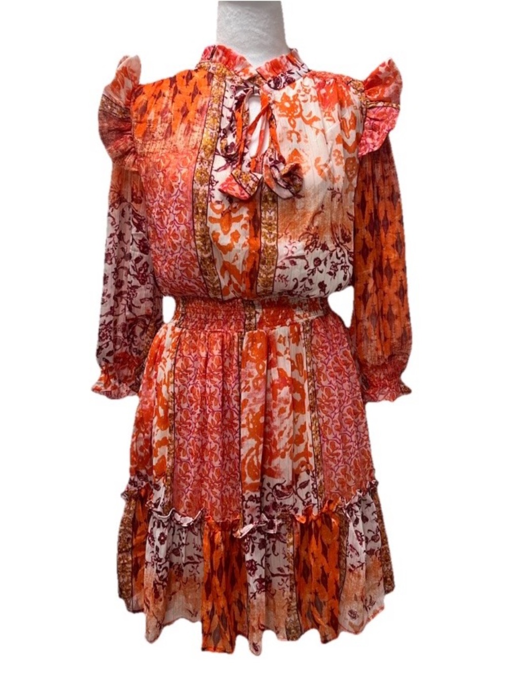 Umgee Floral Tiered Minidress with Smocked Waist, and Ruffles M